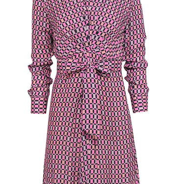 Elie Tahari - Pink & Black Diamond Printed Collared Midi Dress Sz 2