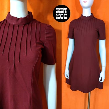 Chic Vintage 60s 70s Brick Brown Maroon Toned Poly Dress 