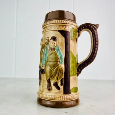 Vintage Ceramic Beer Stein, German, green brown blue, couple at bar and barkeep, for a beer, wine, cosplay, home, bar decor, groomsman gift 
