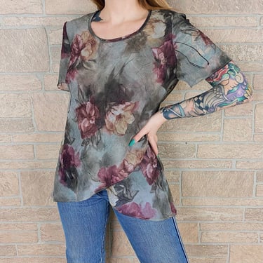 90's Floral Watercolor Sheer Blouse 