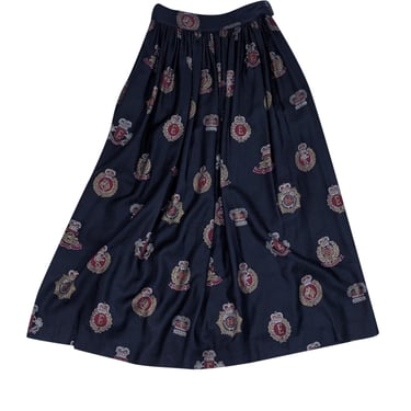 Escada - Navy w/ Red, White, &amp; Gold Crown Print Midi Skirt Sz 6