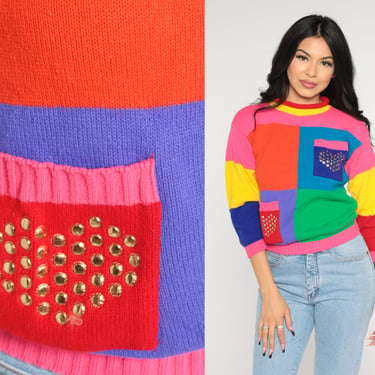 Rainbow Sweater 80s Color Block Knit Sweater Studded Heart Pockets Colorful Square Print Pullover Funnel Neck Vintage 1980s Extra Small xs 