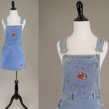 90s Skort Shorts Overalls - Embroidered Hearts Bears - Blue Cotton Jean Bib Shortalls - Vintage 1990s - M 29