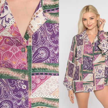 Indian Floral Blouse 90s Button Up Shirt Paisley Flower Print Long Sleeve Top Purple Pink Green Bohemian Summer Vintage 1990s Large L 12p 