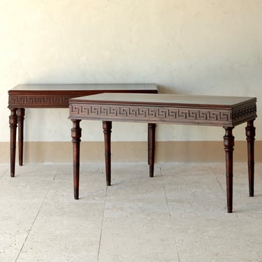 Pair of 18th C. Carved Italian Mahogany Consoles with Greek Key Motif