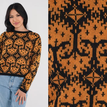 Gitano Sweater 80s Yellow Geometric Pullover Knit Sweater Black Abstract Print Crewneck Jumper Boho Retro 1980s Vintage Acrylic Medium M 