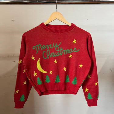 Kids 1970s Merry Christmas Picture Knit Sweater, Red, Holidays, S 