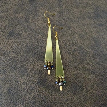 Brass chandelier earrings, boho geometric dangle earrings, gypsy earrings, unique triangle earrings, bohemian earrings, multicolor crystal 