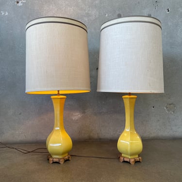 Vintage Pair of Japanese Yellow Crackle Porcelain Lamps