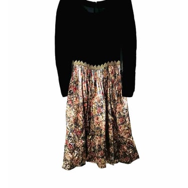 90s Vintage Velvet Satin Black Floral Long Dress Size Large 