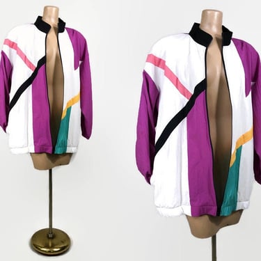 VINTAGE 80s 90s Geometric Color Block Windbreaker Jacket by Teddi Sport Plus Size 20 | 1980s 1990s Athletic Track Jacket | vfg 