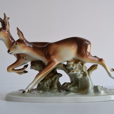 Vintage Porcelain Sculpture Roe Deer and Doe, by Royal Dux, 1960's. 