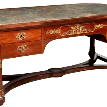 Antique Desk, Bureau, Plat, French Empire Style, Mahogany, Gilt Mounts, 1800s