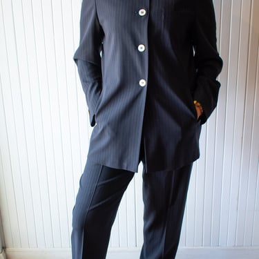 Vintage 1990s Max Mara Navy Wool Pinstripe Two-Piece Suit Large