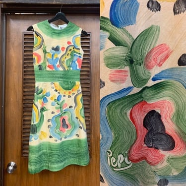 Vintage 1960's Hand-Painted Floral Cotton Fit & Flare Dress, Vintage 1950's Day Dress, Hand-Painted, Fit and Flare, Vintage 1950's 