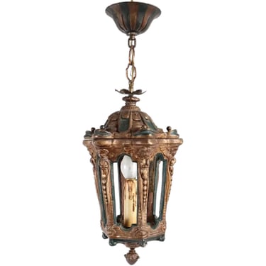 1920s Vintage Italian Giltwood, Gesso and Painted Hanging One-Light Gothic Lantern 