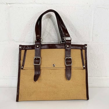 Vintage Brown Canvas Shoulder Purse Tan Shoulder Bag Handbag Retro Faux Patent Leather Trim Tote 1970s 70s 