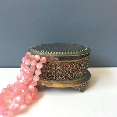 Gold filigree jewelry box - glass top - Hollywood Regency vintage 