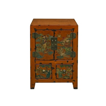 Chinese Distressed Orange People Graphic End Table Nightstand cs7799E 