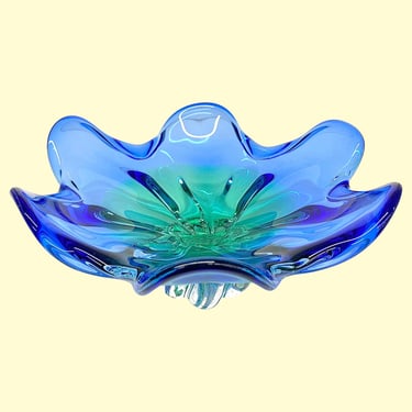 Vintage Royal Gallery Flower Bowl Retro 1980s Contemporary + Blue/Green + Handblown + Art Glass + Murano Style + Pedestal Base + Home Decor 