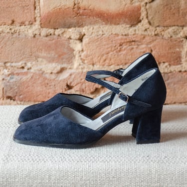 Mary Jane heels | 90s y2k vintage navy blue suede Lolita square toe chunky heel ankle strap shoes size 6 