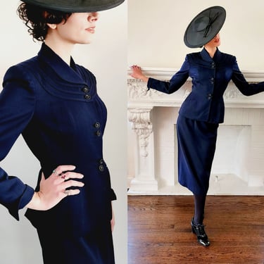 1950s Navy Blue Wool Skirt Suit Fitted Blazer w- Accent Seaming Small by Leeds 