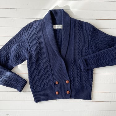 navy wool sweater 80s 90s vintage dark blue cable knit cropped cardigan 