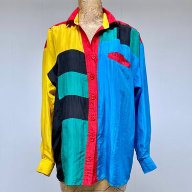 Vintage 1980s Color Block Silk Blouse, 80s Oversized Patchwork Long Sleeve Shirt, 42"Bust Medium, VFG 