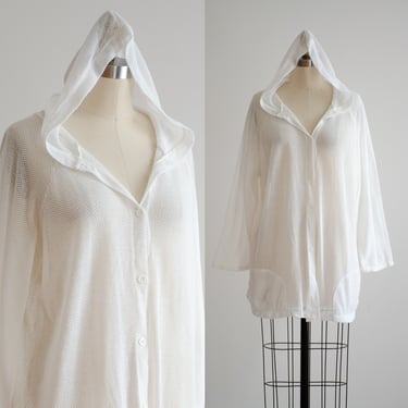 white mesh shirt 90s vintage sheer white hooded beach cover up 