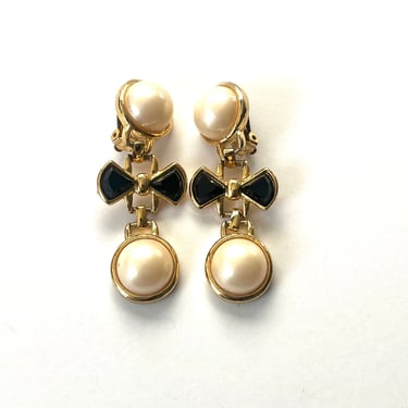 Vintage Pearl Drop Earrings, Clip-On Earrings, Bow Earrings, Rhinestone Earrings, Dangle Earrings, 80s Jewelry, Gold and Pearl Earrings 