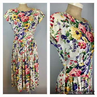 Floral Cottagecore Dress | Vintage 80s | Padded Shoulder Cap Sleeve | Size Medium 