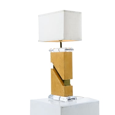 Nineteen-Laties Milo Baughman Style 1970s Burl Table Lamp With Lucite and Gold Accents 