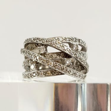 Designer Multi Layer Gemstoned Crossover Tapered Shank Sterling Silver Classic Cocktail Vintage Ring - sz 5 
