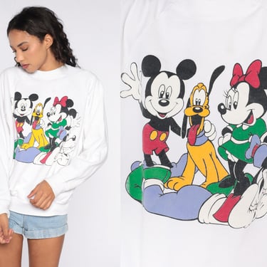 Disney Mickey Mouse Sweatshirt -- 80s Minnie Mouse Sweatshirt Goofy 90s Raglan Sleeve Shirt Cartoon Crewneck Vintage Retro White Large L 