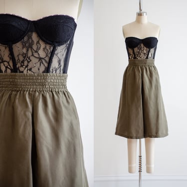 high waisted shorts | 80s vintage olive green silk long flowy wide leg shorts culottes 