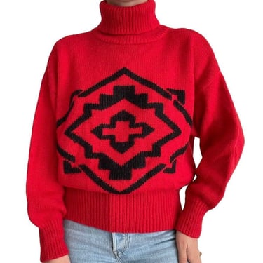 Vintage 80s Boundary Waters Red Wool Blend Geometric Retro Turtleneck Sweater 