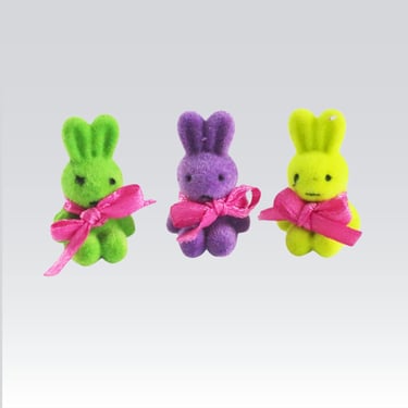 Tiny Flocked Bunny Rabbits set of 3, Miniature Craft Bunnies, Fuzzy Easter Mini Rabbits 