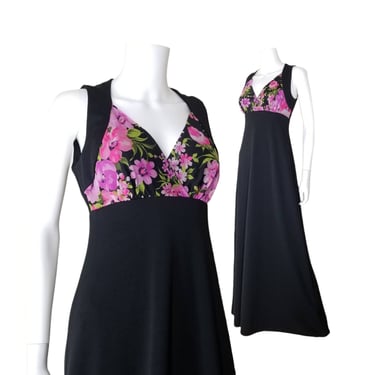 Vintage Black Maxi Dress, Small / 1970s Empire Waist Dress / Sleeveless Flared Summer Dress/ Long Hostess Dress / 70s Cocktail Party Dress 
