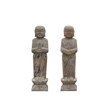 Pair Chinese Stone Carved Standing Zen Garden Monk Lohon Statues cs7645E 