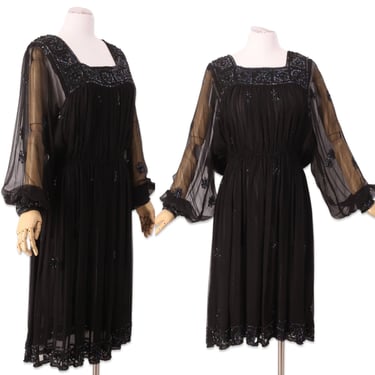 70s JUDITH ANN  black silk peasant dress L / vintage 1970s sequin chiffon billowy hippy festival dress large witch goth 