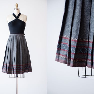 gray pleated skirt | 60s 70s vintage charcoal gray wool dark academia librarian style border print skirt 