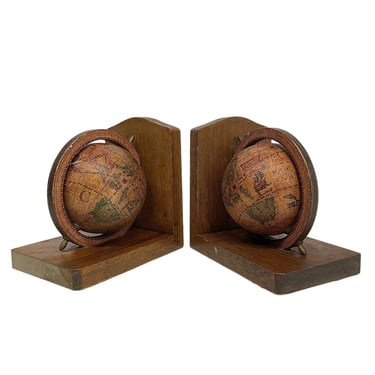 Vintage Olde World Globe Bookends Retro 1970s Mission Craftsman + Made in Italy + Set of 2 + Wood and Metal + Rotating + MCM Book Storage 