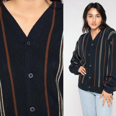 70s Striped Cardigan Navy Blue Button Up Sweater Retro Knit Slouchy Grandpa Sweater Seventies Knitwear Acrylic Vintage 1970s Mens Large 