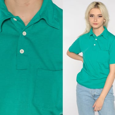 Green Polo Shirt 80s Button Up Short Sleeve Collared Shirt Retro Plain Tshirt Pocket Collar Preppy Vintage 1980s Nerd Geek Tee Plain Medium 