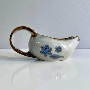 Vintage Ken Edwards, Large Tonala Stoneware Hand Painted Gravy Boat, Sauce Bowl, or Cream Pitcher - Pottery, Blue Green Brown Gray, Signed 