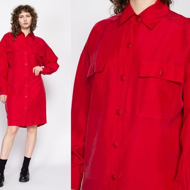 Large 80s Evan Picone Red Silk Shirtdress | Vintage Oversize Midi Button Front Shift Dress 