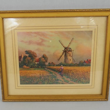 Vintage Georges Maroniez Windmill Print in Goldtone Painted Wooden Frame - Dutch Landscape w/ Peasant, Cottage, Wheat - 9
