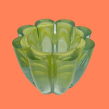 Vintage Candle Votive Retro 1990s Contemporary + Ecoglass + Recycled Glass + Flower Shape + Lime Green + Handblown + Spain + Home Decor 