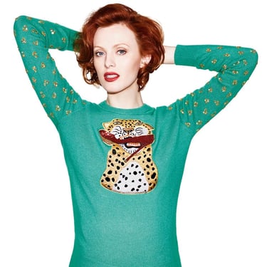 Charlotte Olympia 2015 Cashmere Sweater / Bright Green Gold Sequins and a Leopard with a Cute Shoe Sweater / Cashmere Long Sleeve Knit Top 