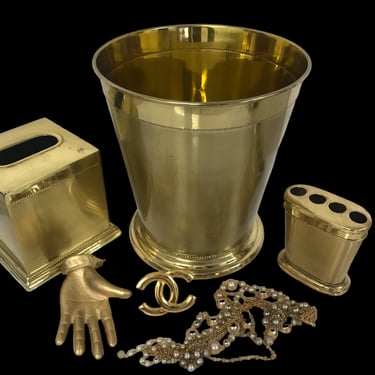 Vintage 3-Piece Brass Hollywood Regency Bathroom Set | Chic Gold Trash Can Tissue Box Cover Toothbrush Caddy 